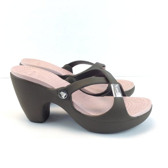 Crocs Cyprus Block Heels Brown Pink Criss Cross Strap - Picture 2 of 16